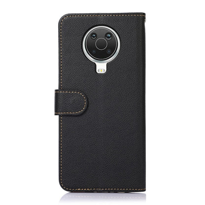 Black leather phone wallet case with camera cutout and stitched edges, card holder tab.