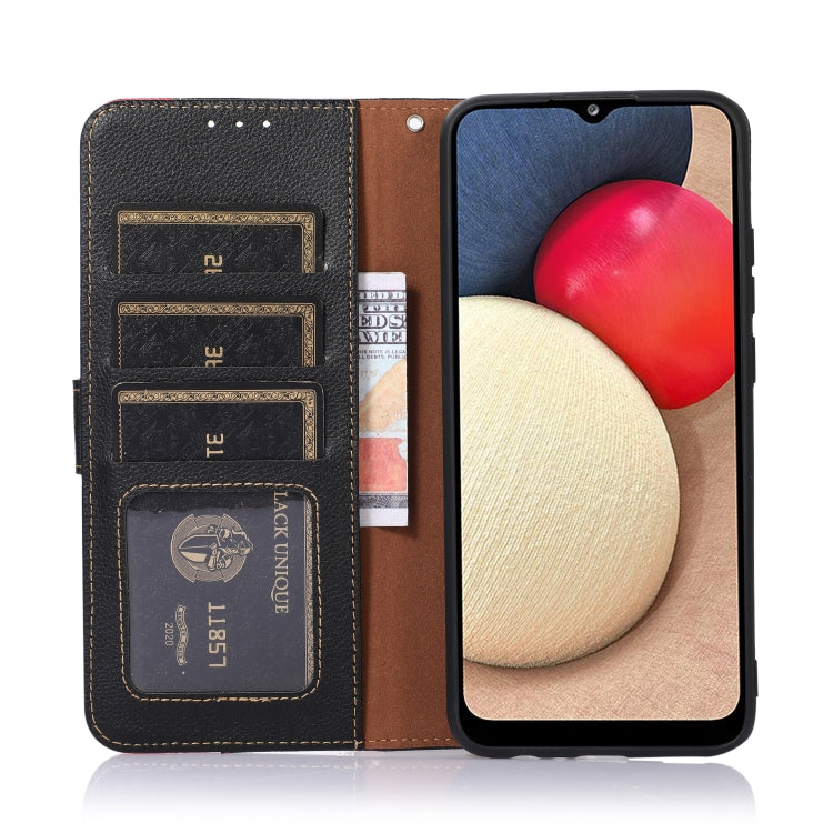 Leather phone wallet case with RFID-style card section, black and brown, open front.