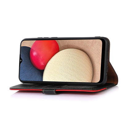 Leather phone wallet case with stand cover, black and brown exterior, flip open.