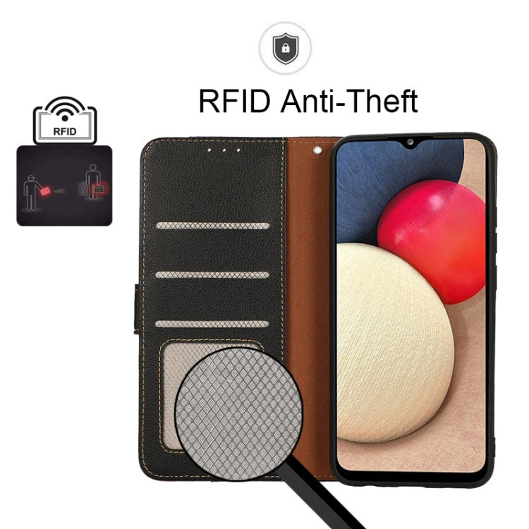 Leather phone wallet case showing inner RFID card protection panel, black and brown.