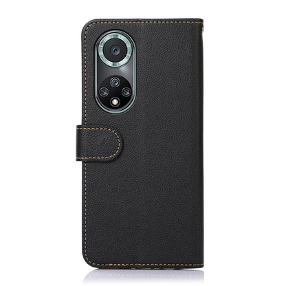 Black leather-look folio phone case with stitched flap and cutout for dual rear cameras