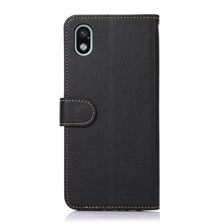 RFID leather phone wallet case in dark color with stitched edges and back camera opening