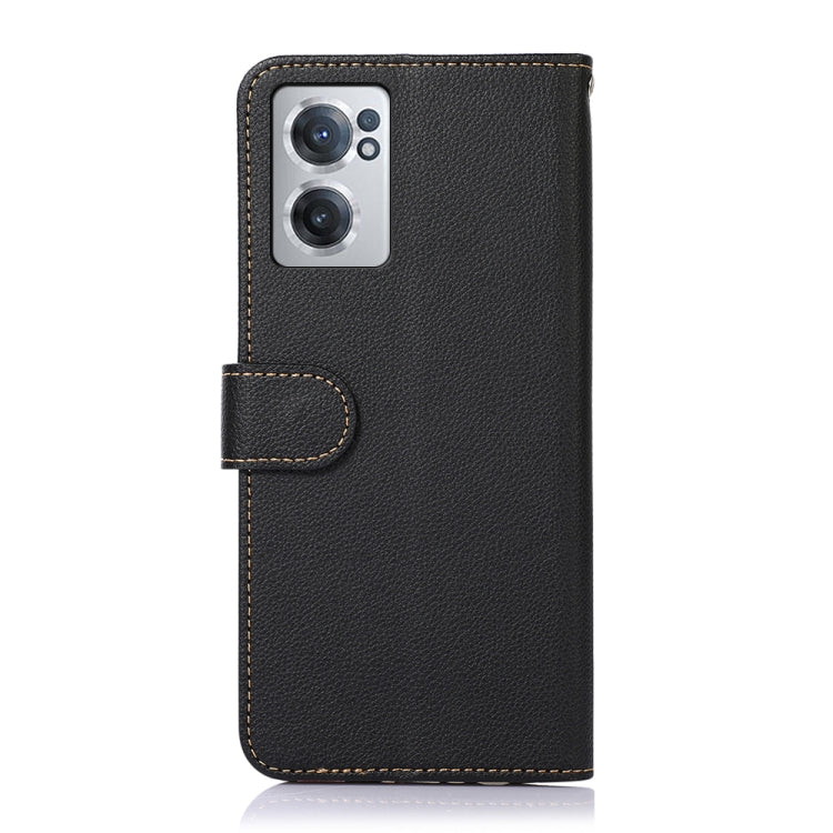 Black litchi-texture leather phone case with dual camera cutout and stitched flap