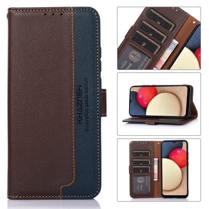 Brown and blue leather RFID phone folio with litchi texture, card slots, snap close.