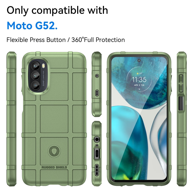 Green rugged TPU case shown front and back with camera opening and side buttons