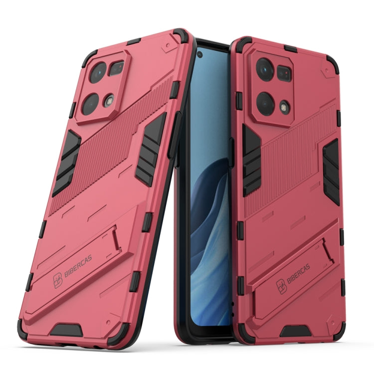Light red rugged TPU phone case with visible holder, shockproof for OPPO Reno7 4G