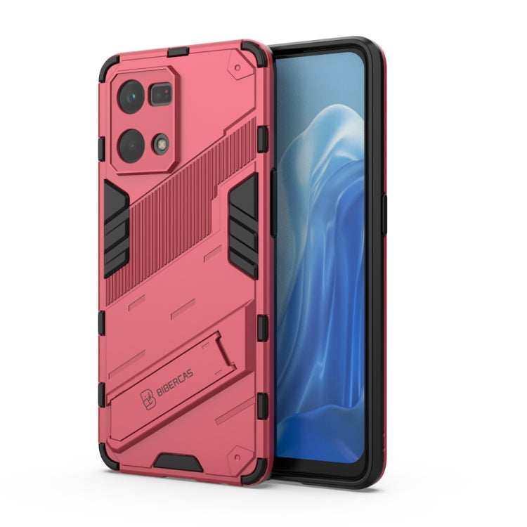 Light red shockproof TPU phone case with holder, rugged edges for OPPO Reno7 4G