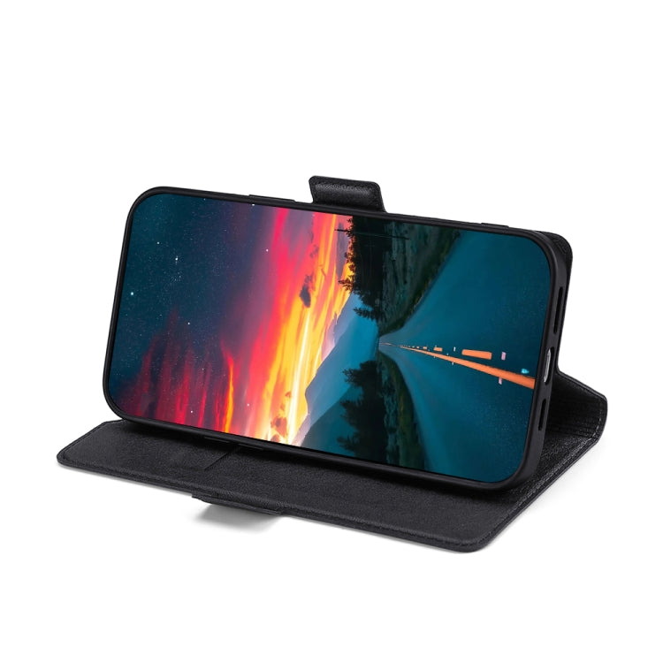 Ultra-thin black leather phone case with side buckle, kickstand viewing angle