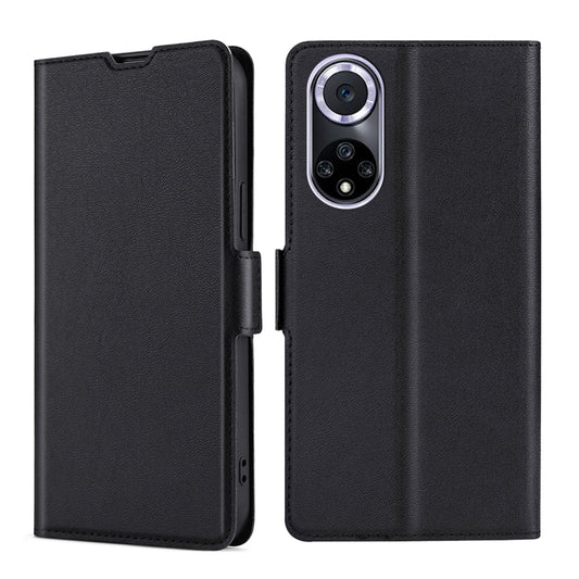 Black leather flip phone case with side buckle; camera cutout and front flap