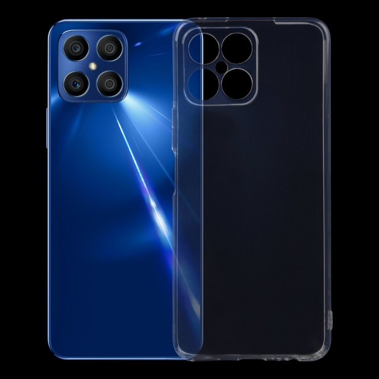 Transparent TPU phone case overlay with camera cutouts on phone front and back