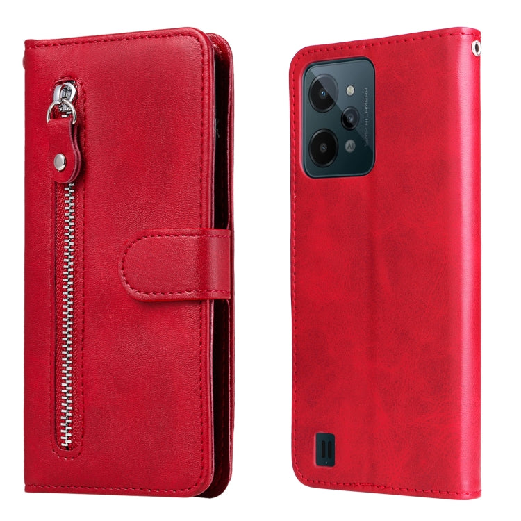 Red flip leather phone case with horizontal zipper and magnetic strap, card holder.