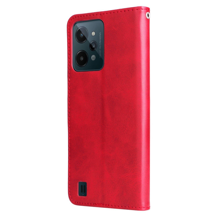 Red flip leather phone case with camera cutout and stitched edges, back view.