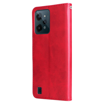 Red flip leather phone case with camera cutout and stitched edges, back view.