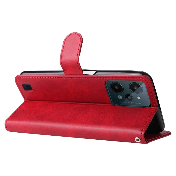 Red leather flip phone case with open cover and kickstand, camera cutout visible.