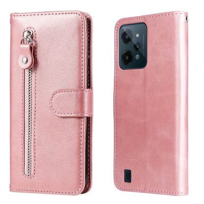 Rose gold flip leather phone case with horizontal zipper and magnetic strap, card holder.