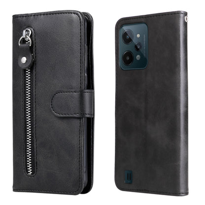 Black flip leather phone case with horizontal zipper and magnetic strap, card holder.