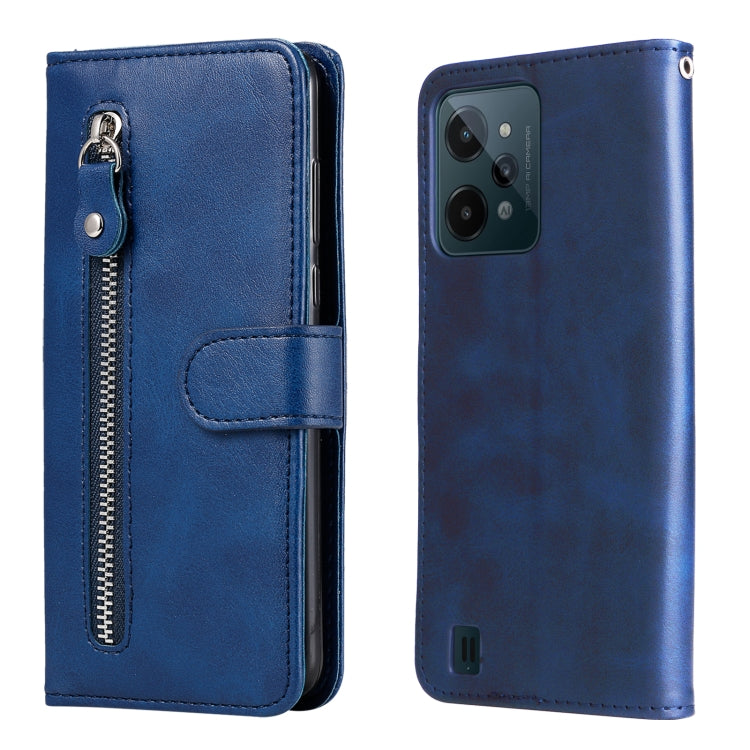 Blue leather flip phone case with front zipper and snap strap; open view and back cover.