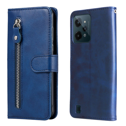 Blue leather flip phone case with front zipper and snap strap; open view and back cover.