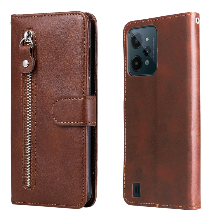 Brown leather flip phone case with front zipper and snap strap; open view and back cover.