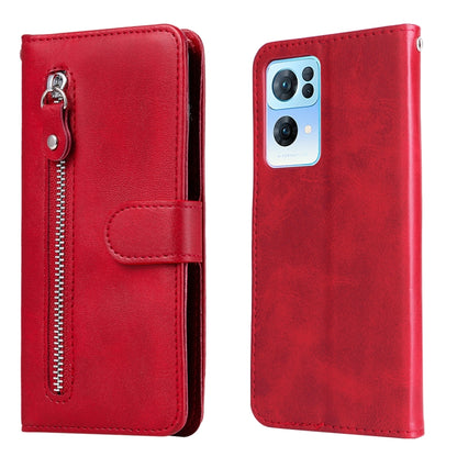 Red flip leather phone case with horizontal zipper and magnetic strap, front and back views.