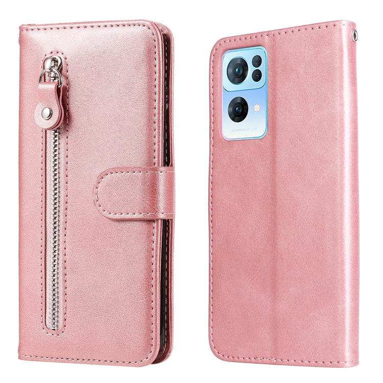 Pink leather flip phone case with front zipper and snap strap; open view and back cover.