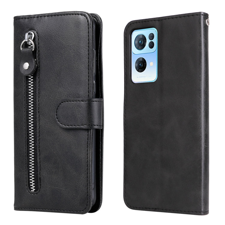 Black leather flip phone case with front zipper and snap strap; open view and back cover.