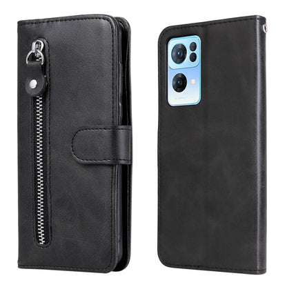 Black leather flip phone case with front zipper and snap strap; open view and back cover.