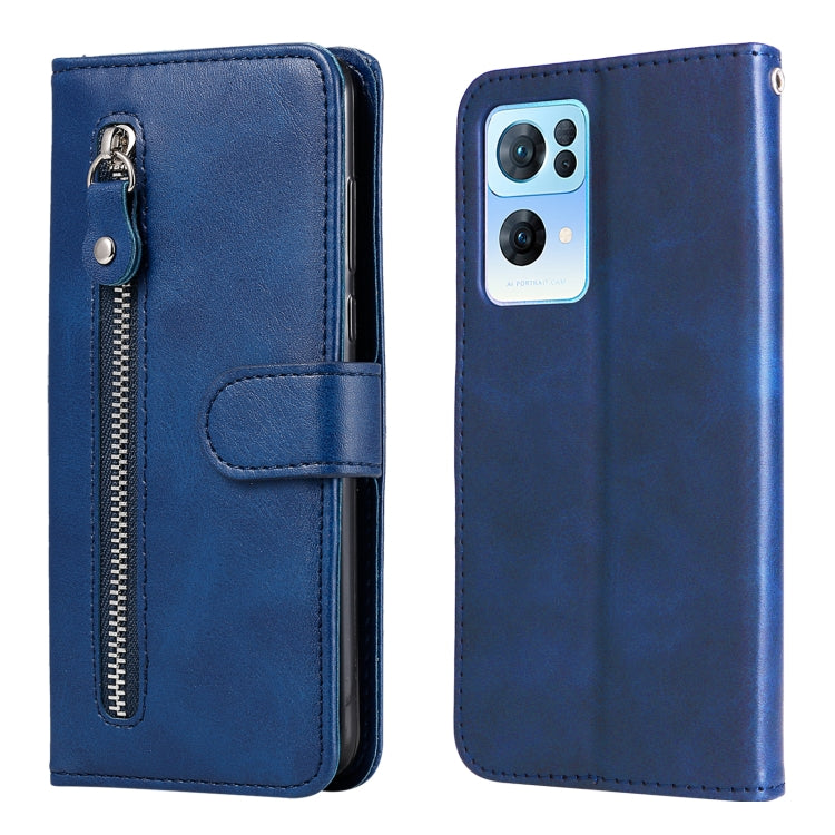 Blue leather flip phone case with front zipper closure and camera cutout on back cover.