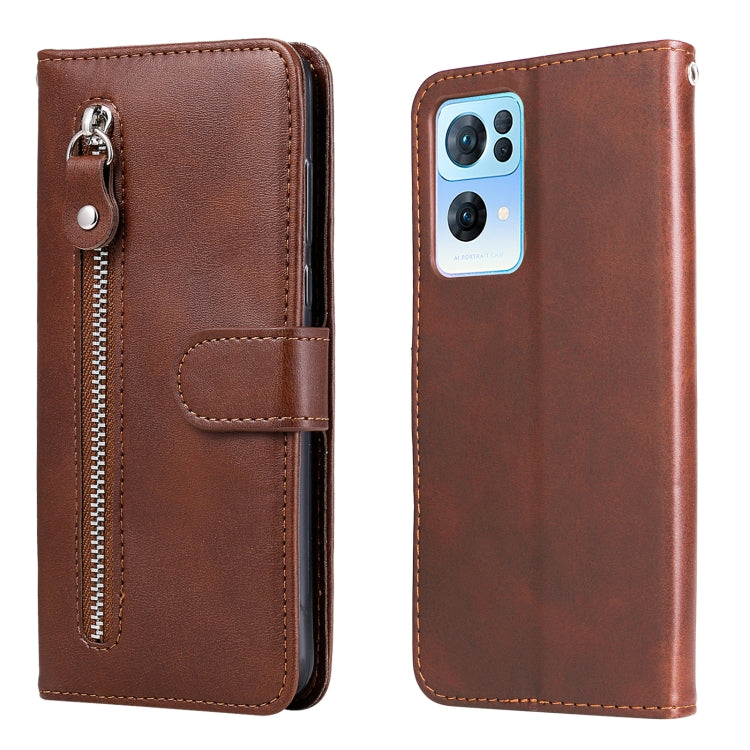 Brown leather flip phone case with front zipper closure and camera cutout on back cover.