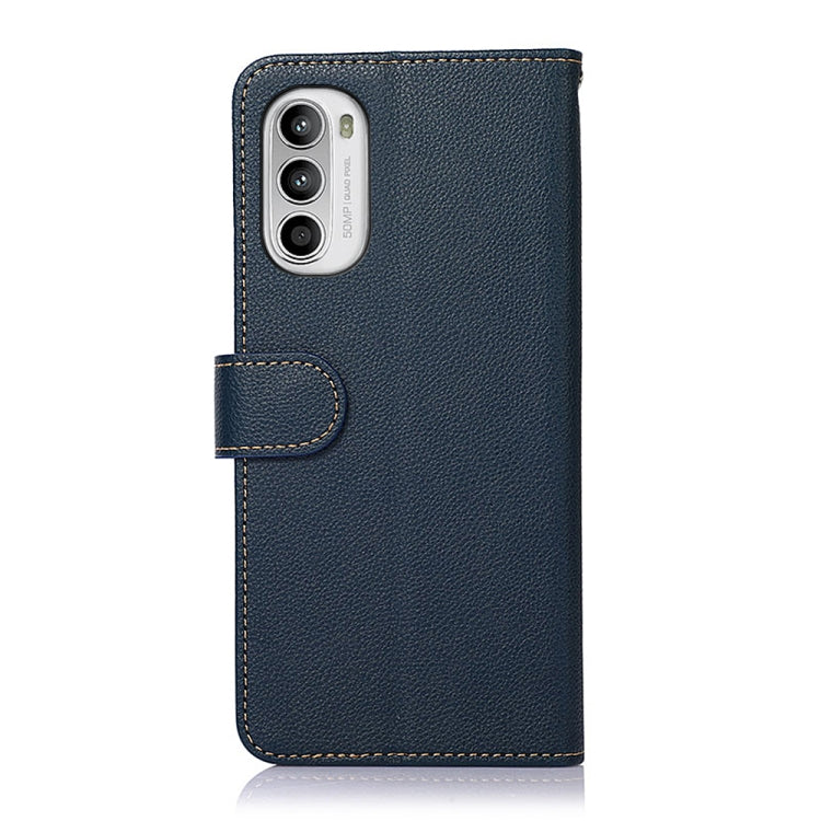 Blue litchi texture leather phone case with camera cutout and side flip holder