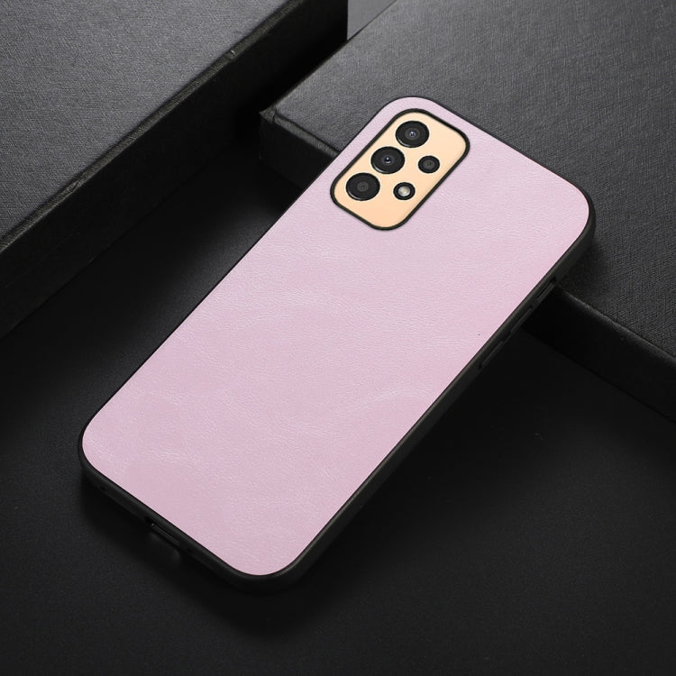 Cowhide-texture PU phone case in pink, shown at an angled front view