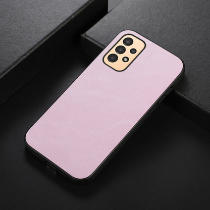 Cowhide-texture PU phone case in pink, shown at an angled front view