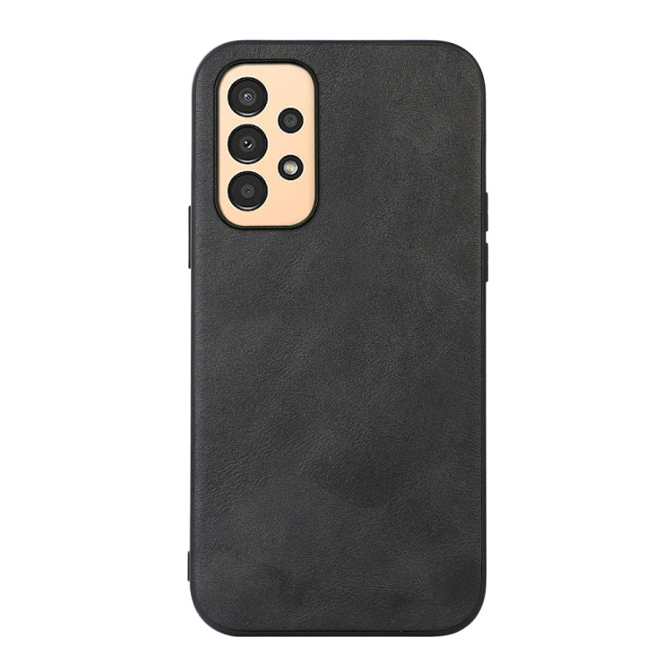 Cowhide-texture PU phone case in black, front view with camera cutout