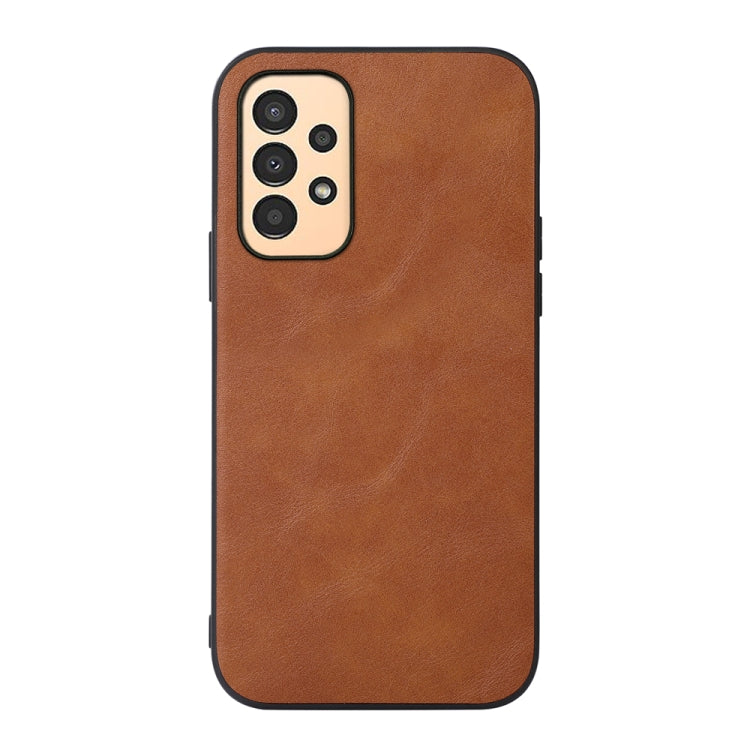 Cowhide-texture PU phone case in brown, front view with camera cutout
