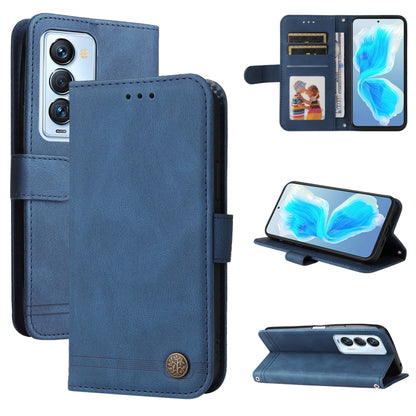 Blue leather folio phone case with card slots, stand cover, and metal button