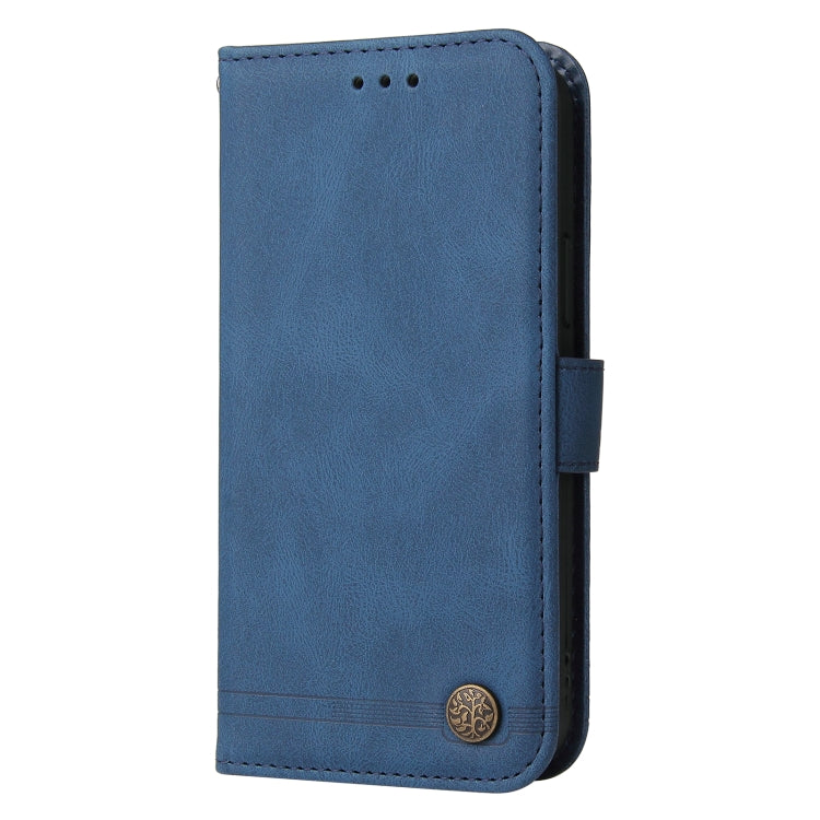 Blue leather folio phone case back with cutout, stitching, and metal button