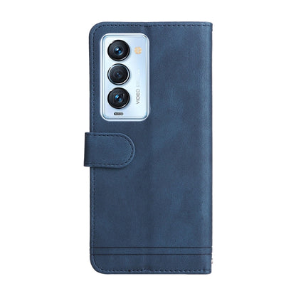 Blue leather flip phone case front with camera cutout and side strap