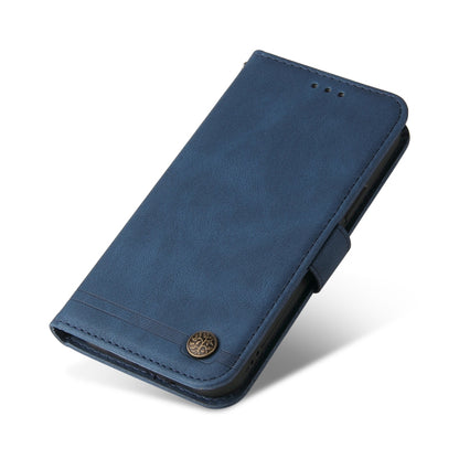 Blue leather folio phone case with fold stand and metal button