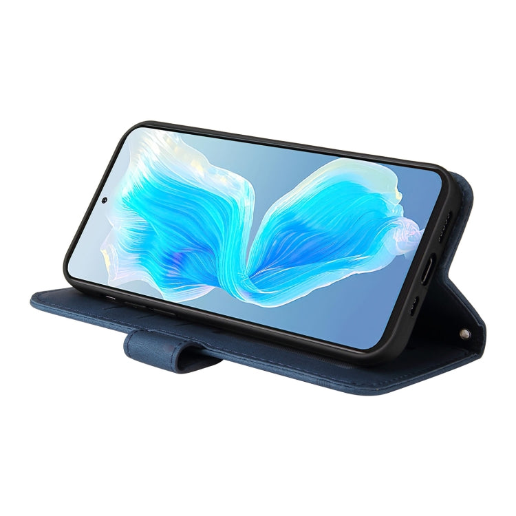 Blue leather flip phone case in landscape stand position