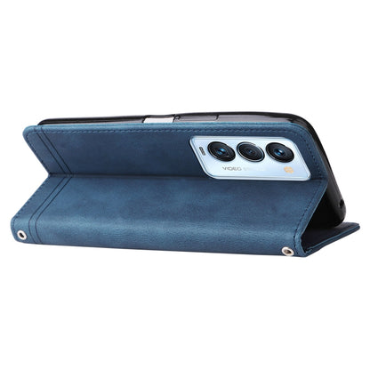 Blue leather folio phone case with camera opening and side button