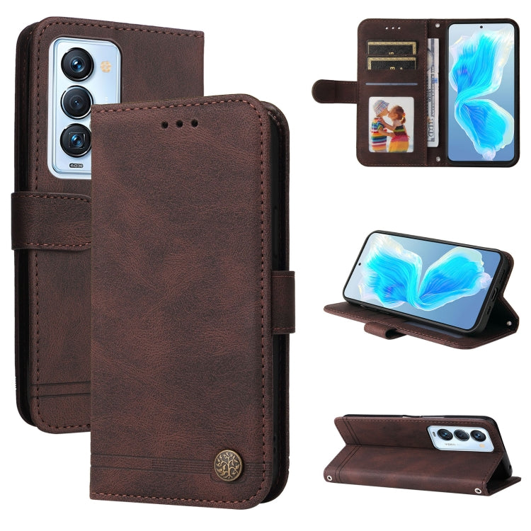 Brown leather folio phone case with card slots, stand cover, and metal button