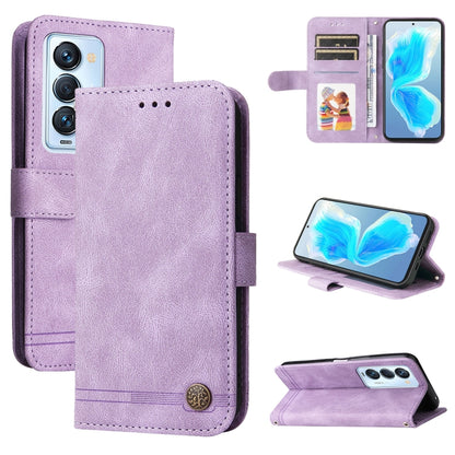 Purple leather folio phone case with card slots, stand cover, and metal button