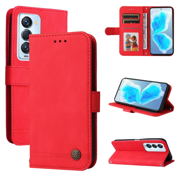 Red leather folio phone case with metal button, wallet card slots and kickstand