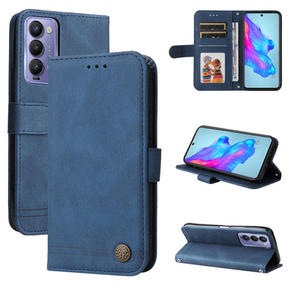Blue leather folio phone case with metal button, card slots and viewing kickstand