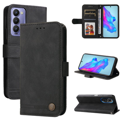 Black leather folio phone case with metal button, wallet card slots and kickstand