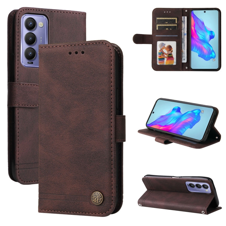 Brown leather folio phone case with metal button, card slots and table kickstand