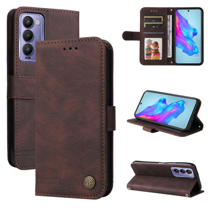 Brown leather folio phone case with metal button, card slots and table kickstand