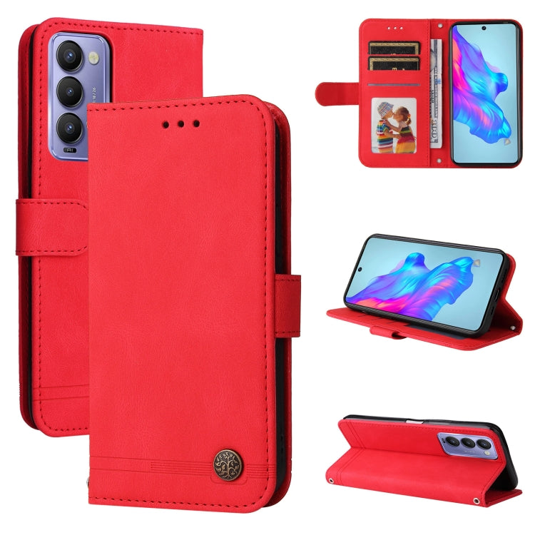 Red leather wallet phone case with metal button and folio cover, kickstand view