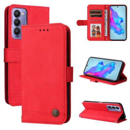 Red leather wallet phone case with metal button and folio cover, kickstand view