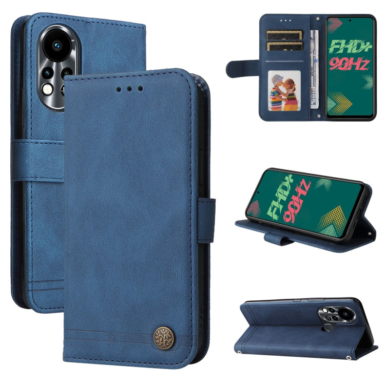 Blue leather wallet phone case with metal button, folio cover and kickstand